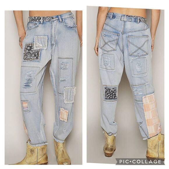 POL Womens Blue Patchwork Detail Distressed Ankle Relaxed Fit Denim Jeans Size S - Picture 1 of 11